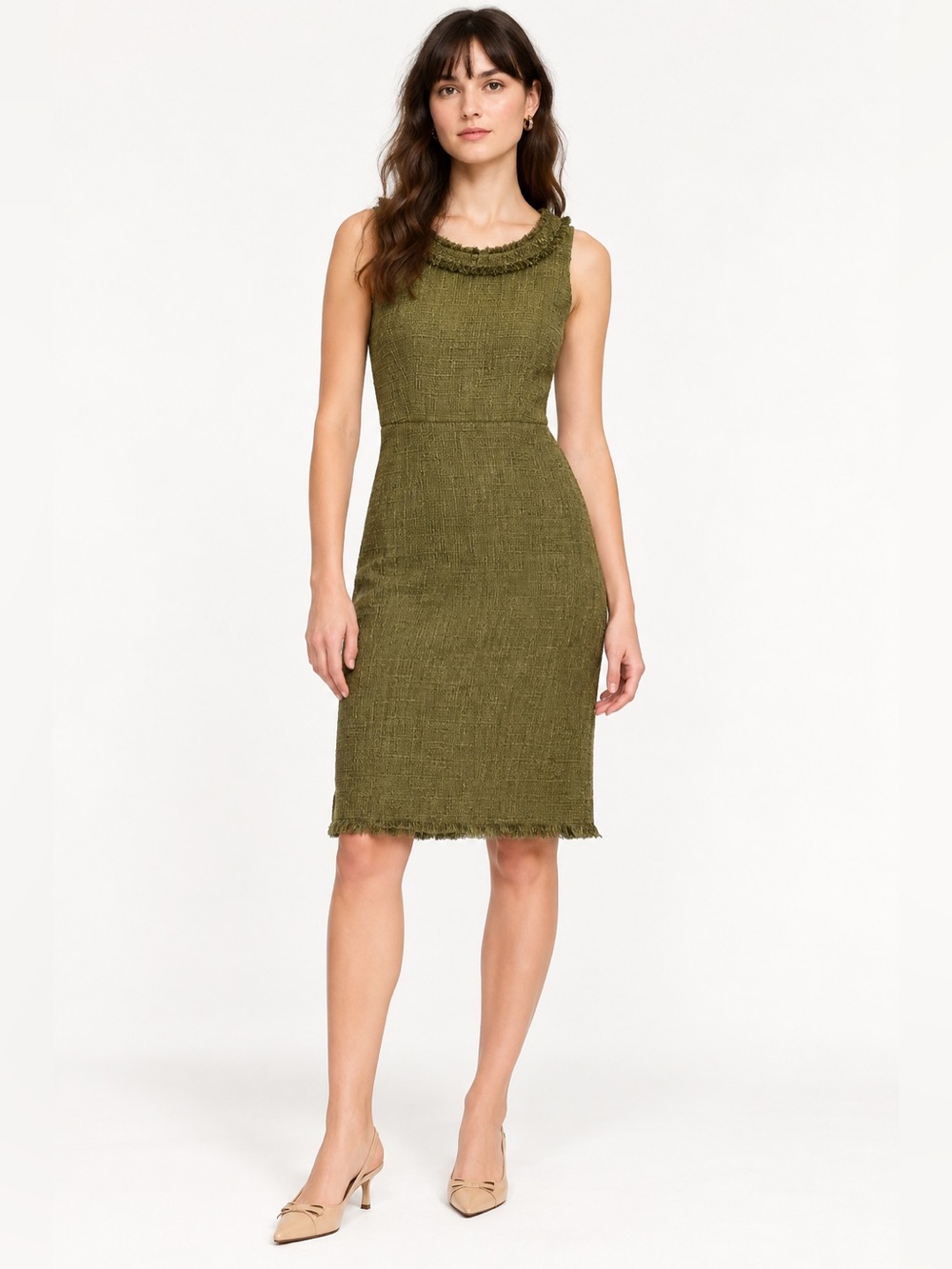 J.Crew Rudy Textured Tweed Sheath Dress Olive Green Fringe Size 6